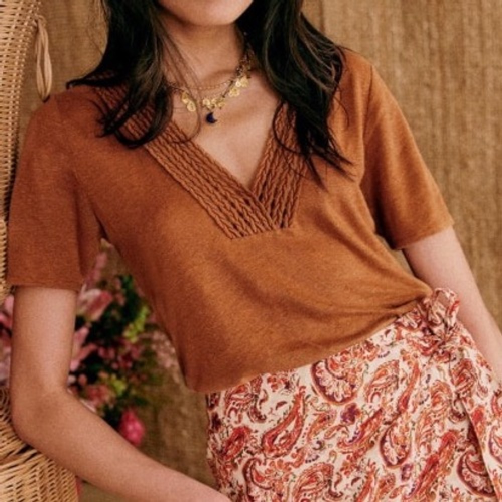 Sezane 100% Linen Miranda T-Shirt Coffee Brown Womens Size Small French Top Boho
